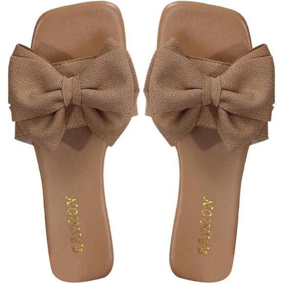 Women's Bow Tan Square Toe Flat Summer Sandals Slides Slip On Shoes - Picture 7 of 7